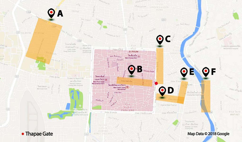 Map of Chiang Mai with nightlife areas.