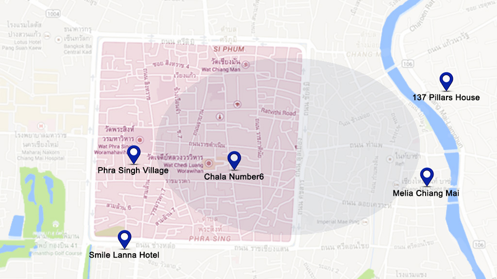 Mapa de situación de la selección de hoteles de cinco estrellas para familias en Chiang Mai.
