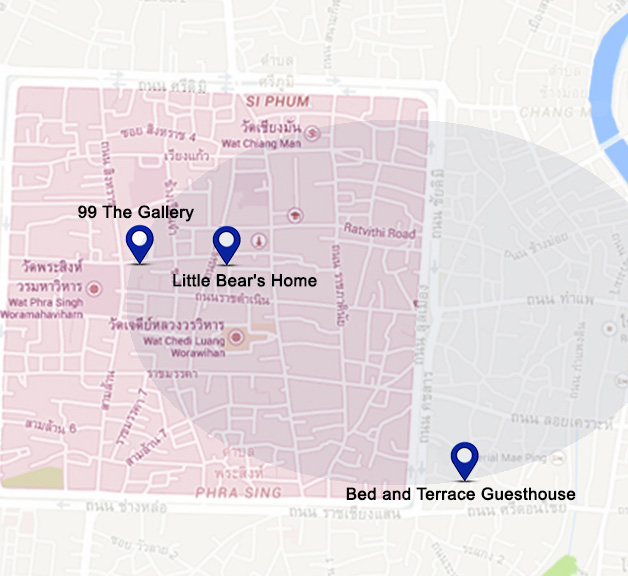 Mapa de situación de la selección de hoteles de 3 estrellas sin piscina, en Chiang Mai.