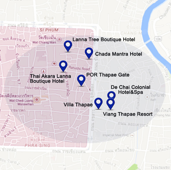 Mapa de situación de la selección de hoteles de 3 estrellas sin piscina, en Chiang Mai.
