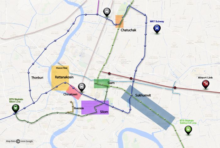 Plano con las áreas turísticas de Bangkok